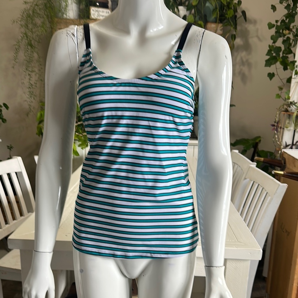 Christina bathing suit top brand NWOT striped teal black white Size Med